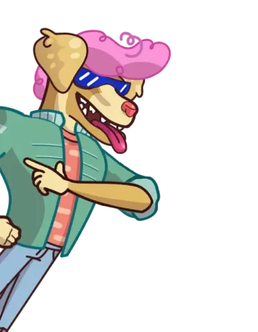 Craig Nolan character (a cool with an awesome pink hair, standing two feet wearing sunglasses a green jacket and jeans pants) pointing to the Discord banner