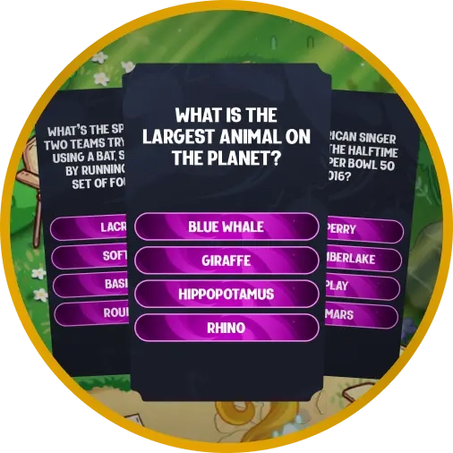 Three cards with questions from the Dream Quiz mobile game, highlighting the question:'What is the largest animal on the planet?'