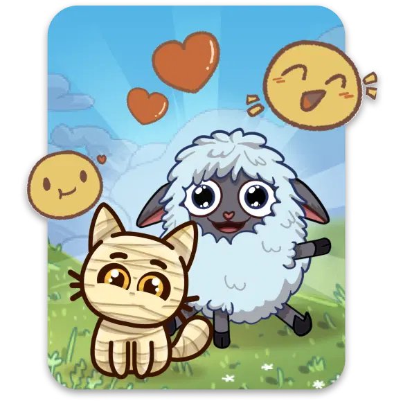 Happy sheep with kitten and happy emotes in a dream field